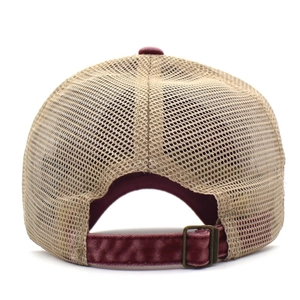 Burgundy and light brown vintage mesh trucker cap with adjustable metal bronze buckle
