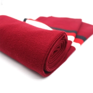 Deep red striped cashmere scarf for men and women featuring warm knitted wool texture