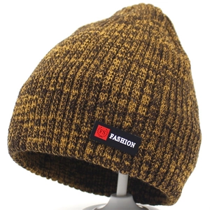 Brown knit beanie hat with FS Fashion logo patch for men and women on a white background