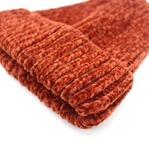 Burnt orange chenille knit beanie with thick vertical ribbing and wide folded cuff