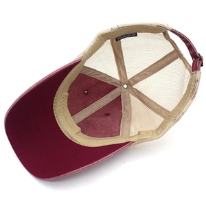 Retro burgundy and beige mesh trucker hat with breathable mesh back and cotton front
