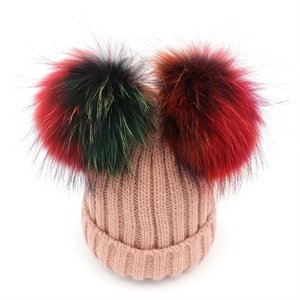 Women Winter Double Pom Pom Beanie Hat Colorful Faux Fur Ribbed Wool Blend Knit Warm Skull Cap Fashion Outdoor Accessory