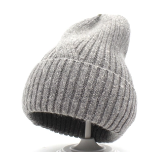 Gray chunky ribbed knit beanie for women with wide fold-over cuff on white background
