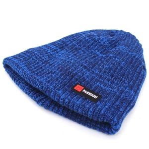 Detail of blue ribbed knit beanie with Fashion logo patch and thick fleece lining texture
