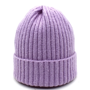 Light purple ribbed knit beanie hat with rolled edge for autumn and winter warmth