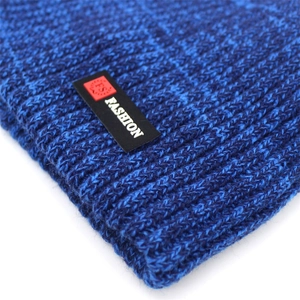 Winter rib-knit dark blue beanie hat for men and women with fashion leather label