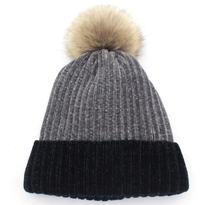 Thick chenille knit beanie for women with faux fur pom pom and ribbed two-tone design
