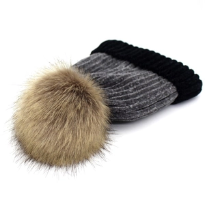 Winter chenille knit hat with dark grey color-block design and large faux fur pompom