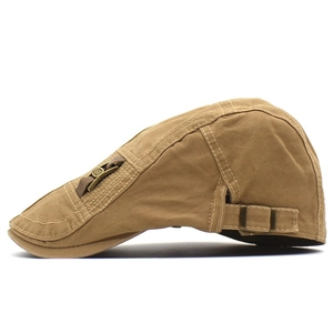 Detailed side view of khaki cotton duckbill cap with adjustable bronze metal buckle