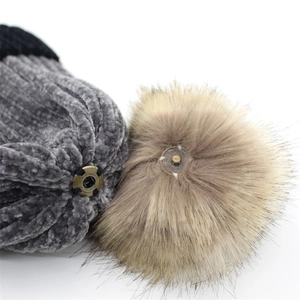 Grey chenille knit beanie for women featuring a detachable fluffy faux fur pompom detail