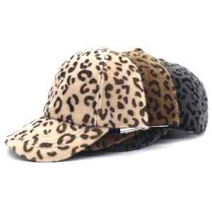 Women's leopard print faux fur baseball caps in beige, brown, and grey for winter season