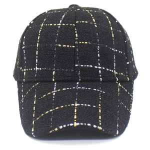 Retro black tweed baseball cap with gold and silver metallic plaid pattern for women