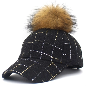 Women Tweed Plaid Baseball Cap With Raccoon Fur Ball Metallic Thread Checkered Fashion Autumn Winter Warm Curved Brim Peak Cap