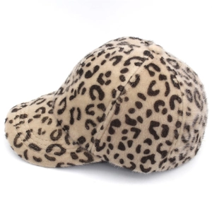 Close-up of the soft faux fur texture and leopard print on the curved peak baseball cap