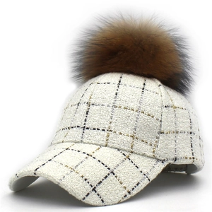 Women white tweed baseball cap with large faux fur pompom and black gold metallic thread