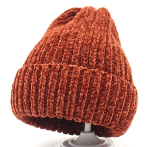 Thick chenille knit beanie in rust orange for women and kids with ribbed texture