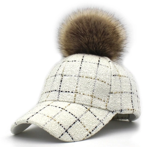 Women's plaid tweed baseball cap with large faux fur pompom for autumn and winter outdoor