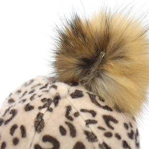 Women's autumn leopard print baseball cap with large plush pompom detail