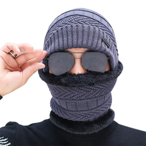 Winter men's knitted beanie and scarf set in dark grey with warm faux fur lining