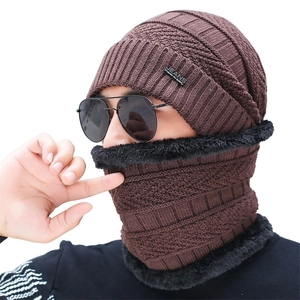 Men's winter knit beanie and neck warmer set in coffee brown with plush faux fur lining