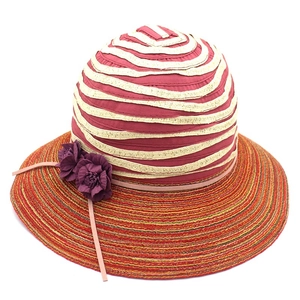 Women's wide brim sun hat with red stripes, straw texture and purple flower accents