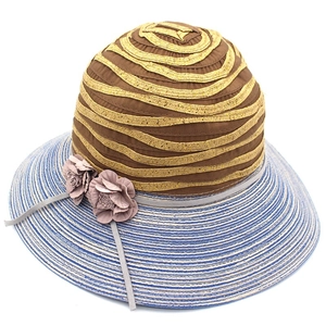 Detail of a wide-brimmed sun hat with blue stripes and purple floral accents