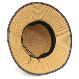 Women's summer straw sun hat with striped bow and adjustable inner sweatband