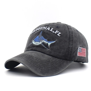 Vintage washed cotton black baseball cap with 3D shark embroidery and American flag patch
