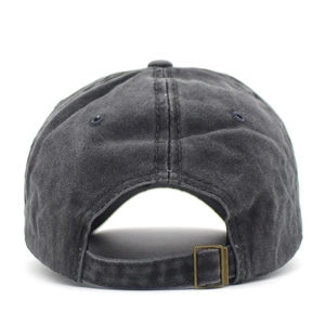 Vintage washed cotton baseball cap in dark grey with shark embroidery and adjustable metal buckle
