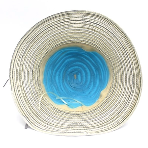 Women's summer sun hat with multi-color striped woven brim and blue fabric lining