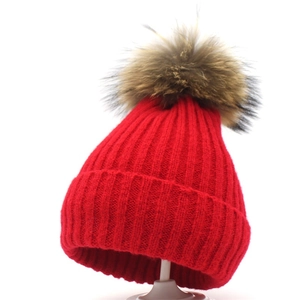 Damen Winter Warm Wolle Strickmütze Mit Waschbärfell-Bommel Einfarbig Rippenstrick Outdoor Thermal Beanie Mütze