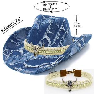 Detailed size chart for blue distressed denim cowboy hat with vintage bull head buckle