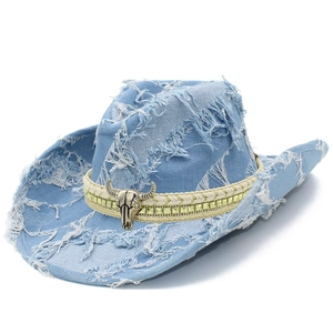 Distressed Denim Western Cowboy Hat With Bull Skull Metal Decoration Rivets Frayed Edge Retro Streetwear Hat Men Women