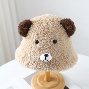 Cute Bear Plush Bucket Hat For Women Autumn Winter Thick Warm Faux Fur Fisherman Hat With Ears Animal Design Fashion Hat