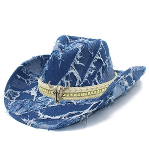 Retro denim cowboy hat with bull head ornament and frayed edges for street style