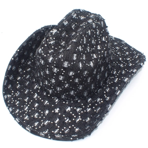 Detail view of black sequin denim cowboy hat with frayed edges and silver glitter accents