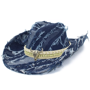 Distressed dark blue denim fedora hat with metal bull skull and gold studs ornament