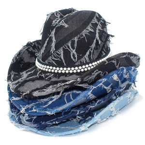 Detail of distressed denim fedora hats in three colors with pearl band and frayed edges