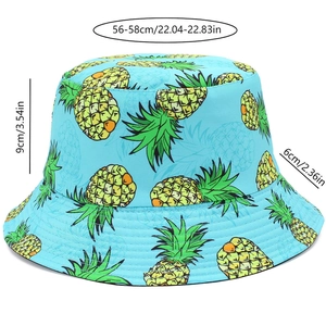 Detailed size chart for light blue bucket hat with yellow pineapple print pattern
