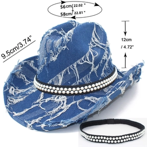 Detail view of washed blue denim cowboy hat with pearl decorative band and frayed edges