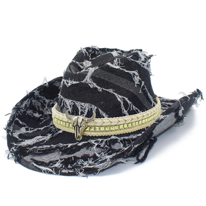 Distressed black denim fedora hat with vintage bull head emblem and gold studs