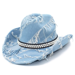 Classic light blue denim cowboy hat with frayed edges and pearl-embellished band