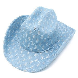 Detail of light blue denim cowboy hat featuring silver sequins and distressed torn effects