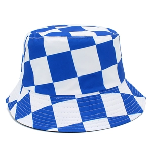 Reversible blue and white checkerboard bucket hat for sun protection with a wide brim