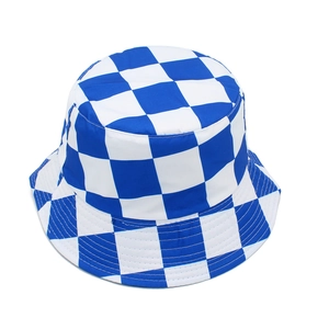 Detailed close-up of the blue and white checkered pattern and canvas stitching on the bucket hat