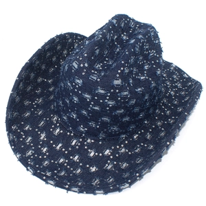 Vintage dark blue denim cowboy hat with sparkling silver sequins and distressed details