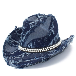 Classic dark blue denim cowboy hat with distressed edges and elegant pearl beaded trim