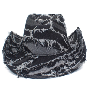 Unisex black denim western cowboy hat with distressed frayed edges and fringe details