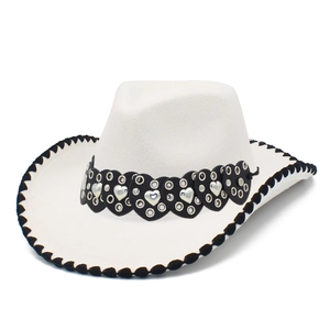Chapeau de Cowboy Western en Feutre de Coton Polyester Ceinture à Rivets en Cœur Fedora Chapeau de Jazz Homme Femme Mode