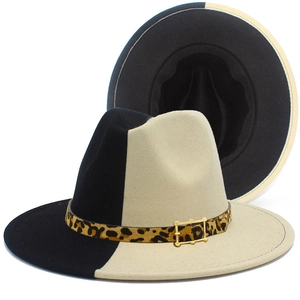Two Tone Color Block Fedora Hat For Women Men Leopard Print Band Metal Buckle Vintage Wide Brim Jazz Hat Cotton Blend Felt Hat